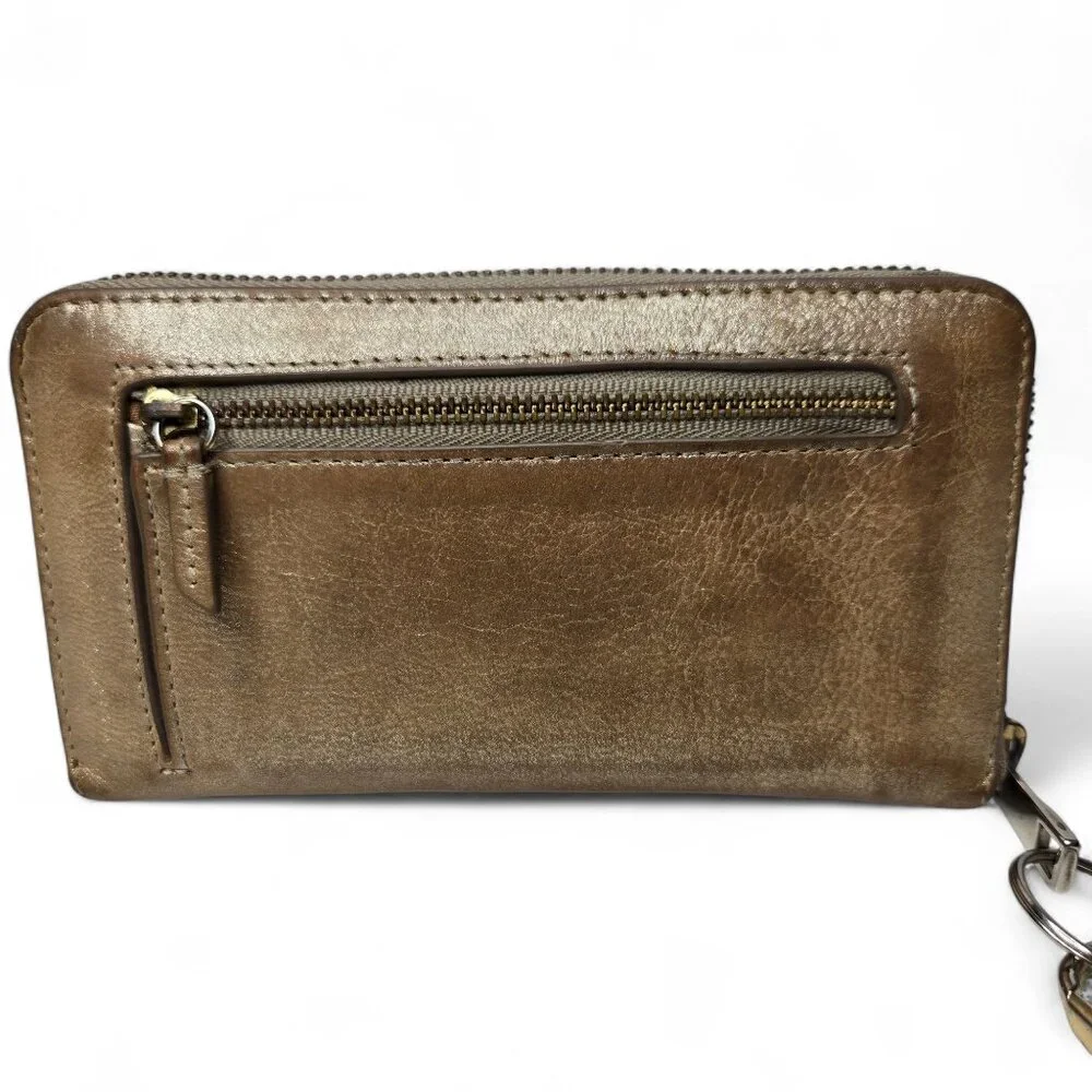 Fossil Distressed Leather Metallic Gold Clutch Wallet Zip Around Bi‎ Fold Shiny